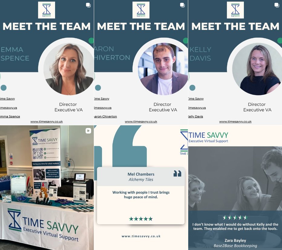 A grid of Time Savvy Instagram posts, including Meet the Team profiles and client testimonials