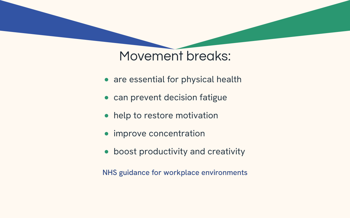 A list of why movement breaks are essential for everyone, from the NHS guidance for workplace environments