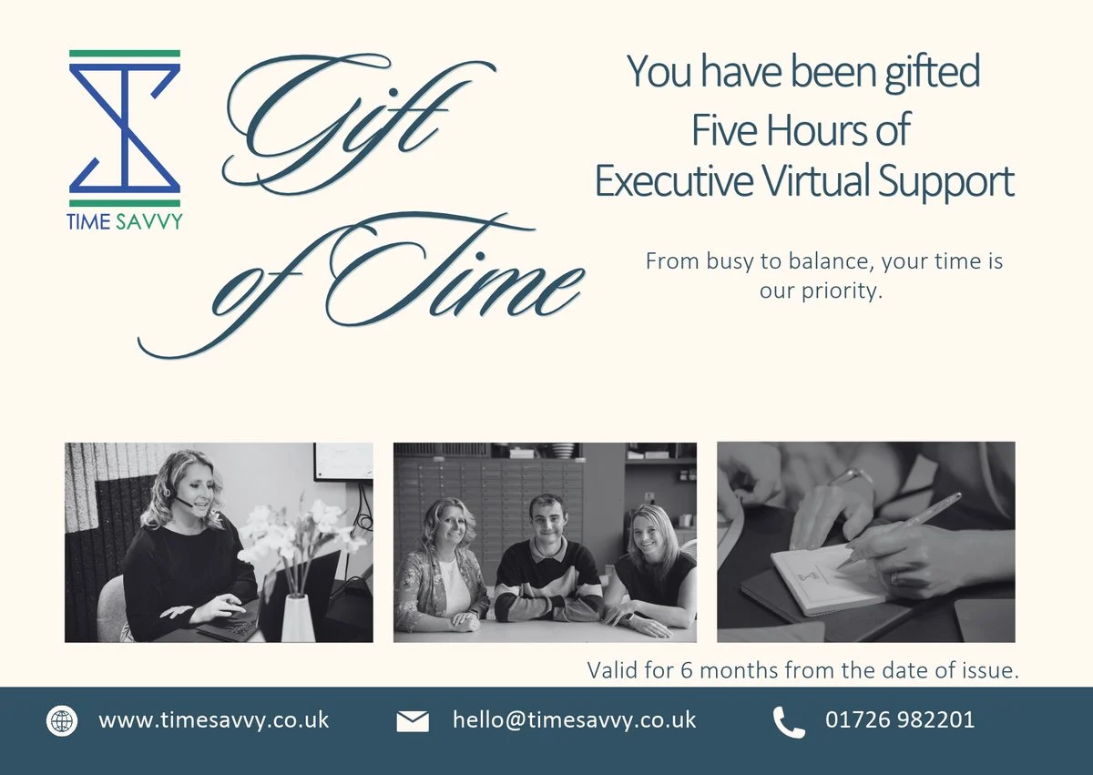 Gift of Time certificate for five hours of executive virtual support