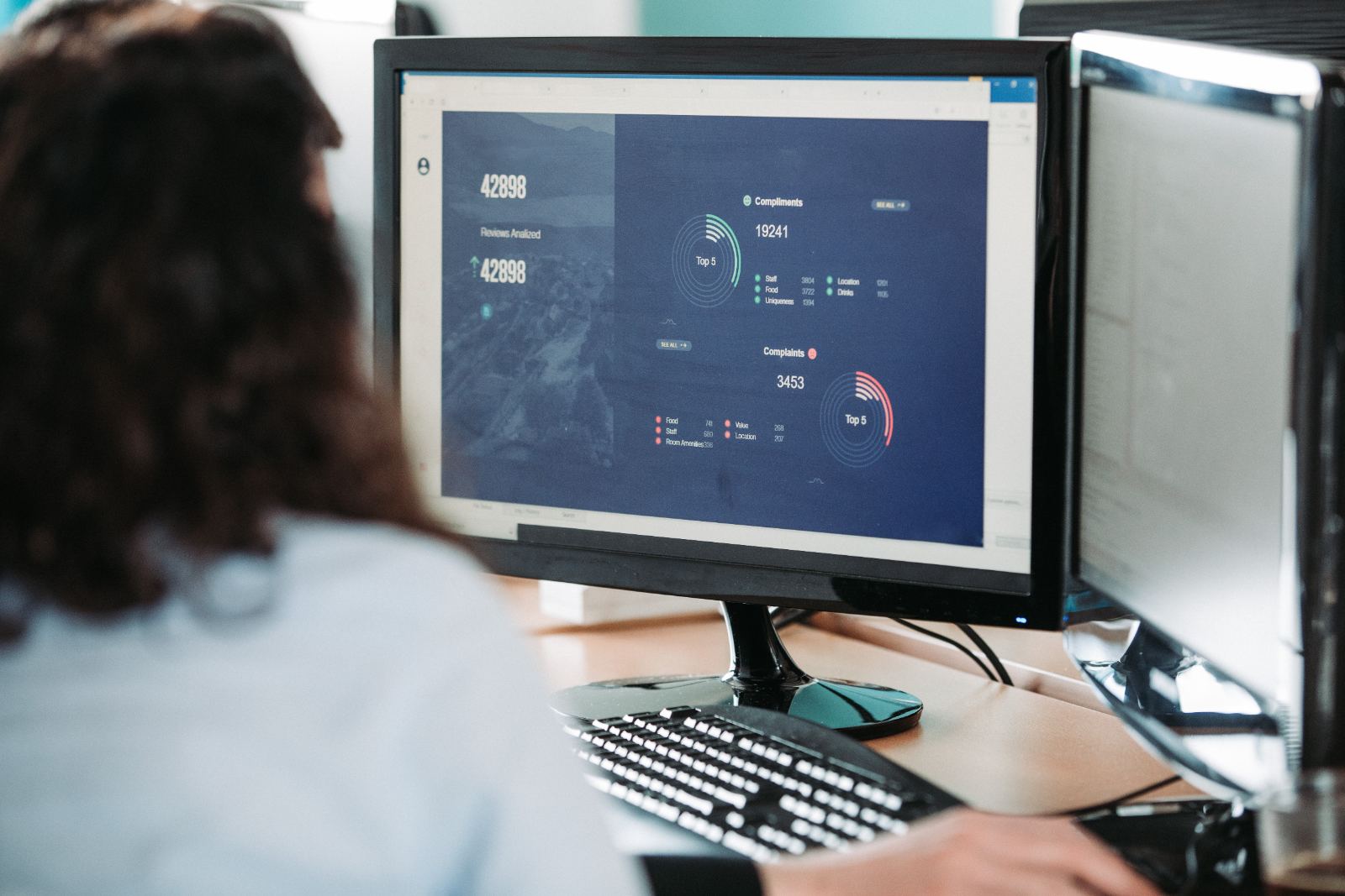 A woman analysing time and reporting data across dual computer screens
